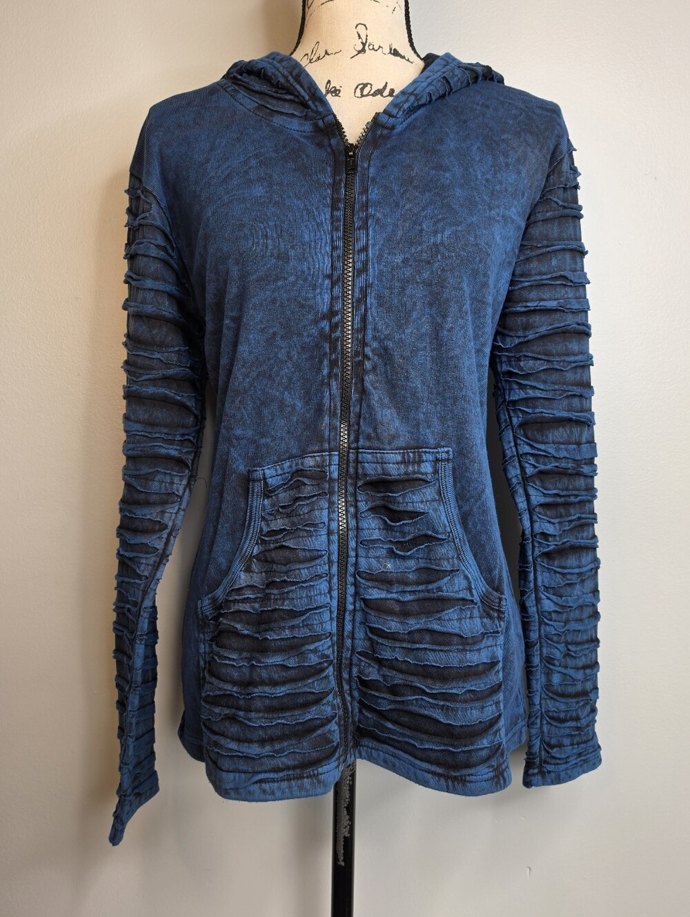 India Boutique Acid Wash Ruched Sleeve Zip Up Hoodie Blue goth grunge boho L